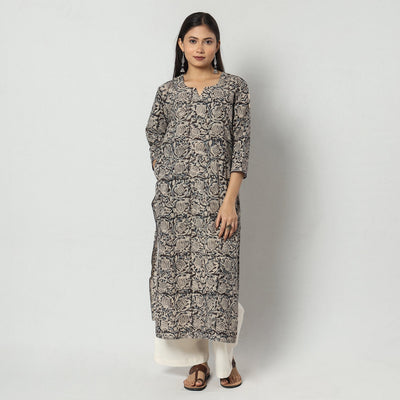 Black - Kalamkari Block Printed Cotton Long Straight Kurta