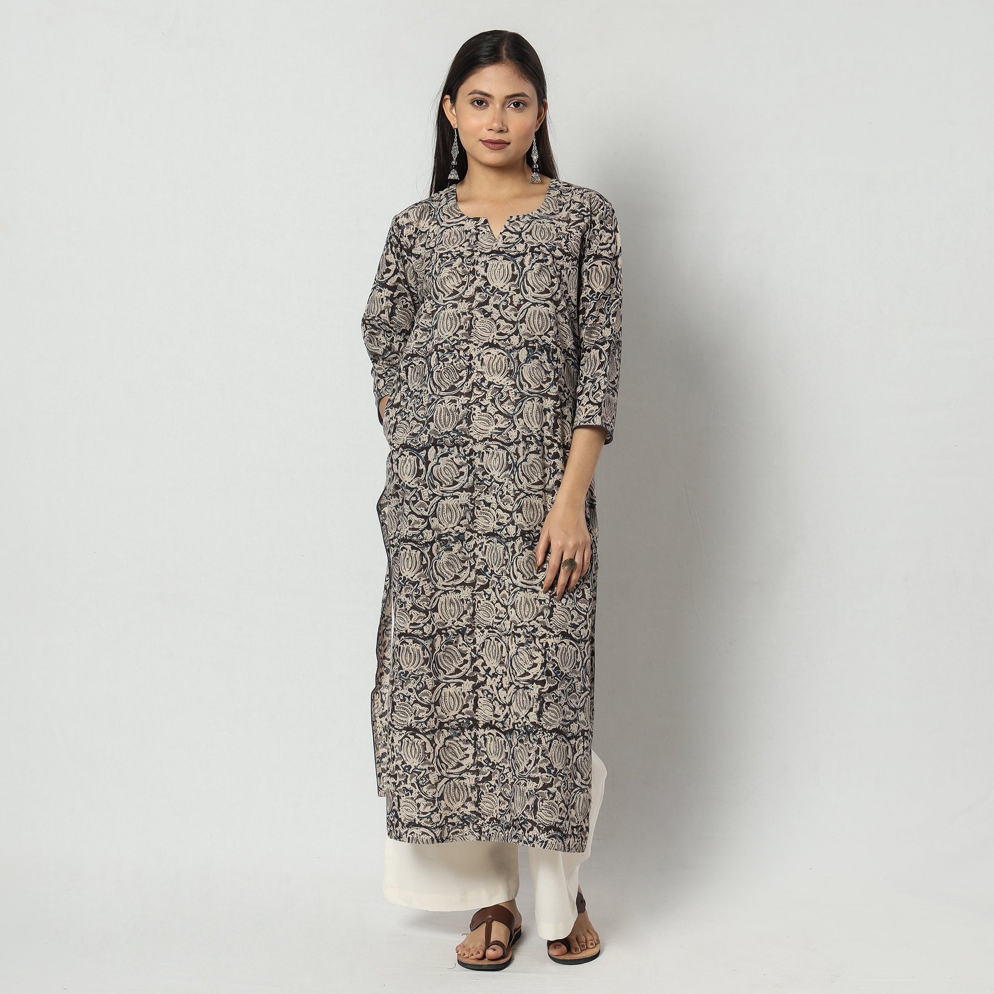 Black - Kalamkari Block Printed Cotton Long Straight Kurta