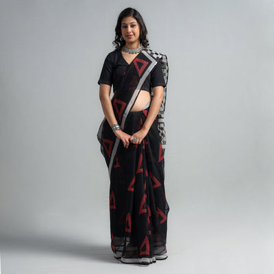 Black - Kota Doria Cotton Sanganeri Print Saree