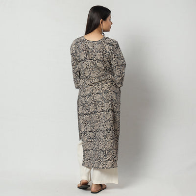 Black - Kalamkari Block Printed Cotton Long Straight Kurta