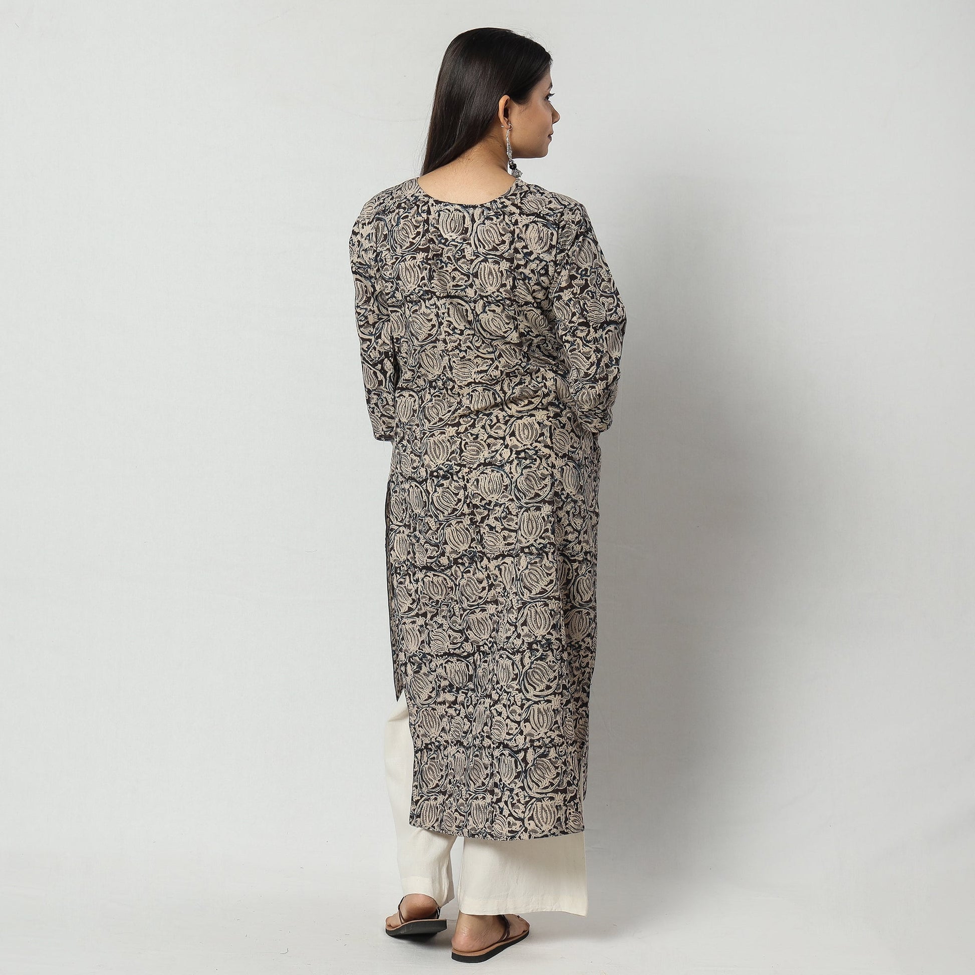 Black - Kalamkari Block Printed Cotton Long Straight Kurta