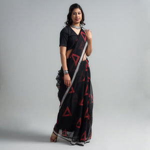 Black - Kota Doria Cotton Sanganeri Print Saree