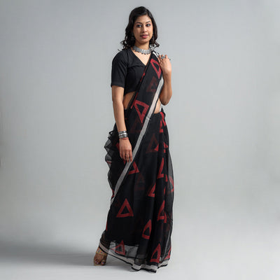 Black - Kota Doria Cotton Sanganeri Print Saree