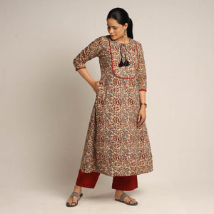 Beige - Pedana Kalamkari Block Printed Cotton Kurta with Palazzo Set