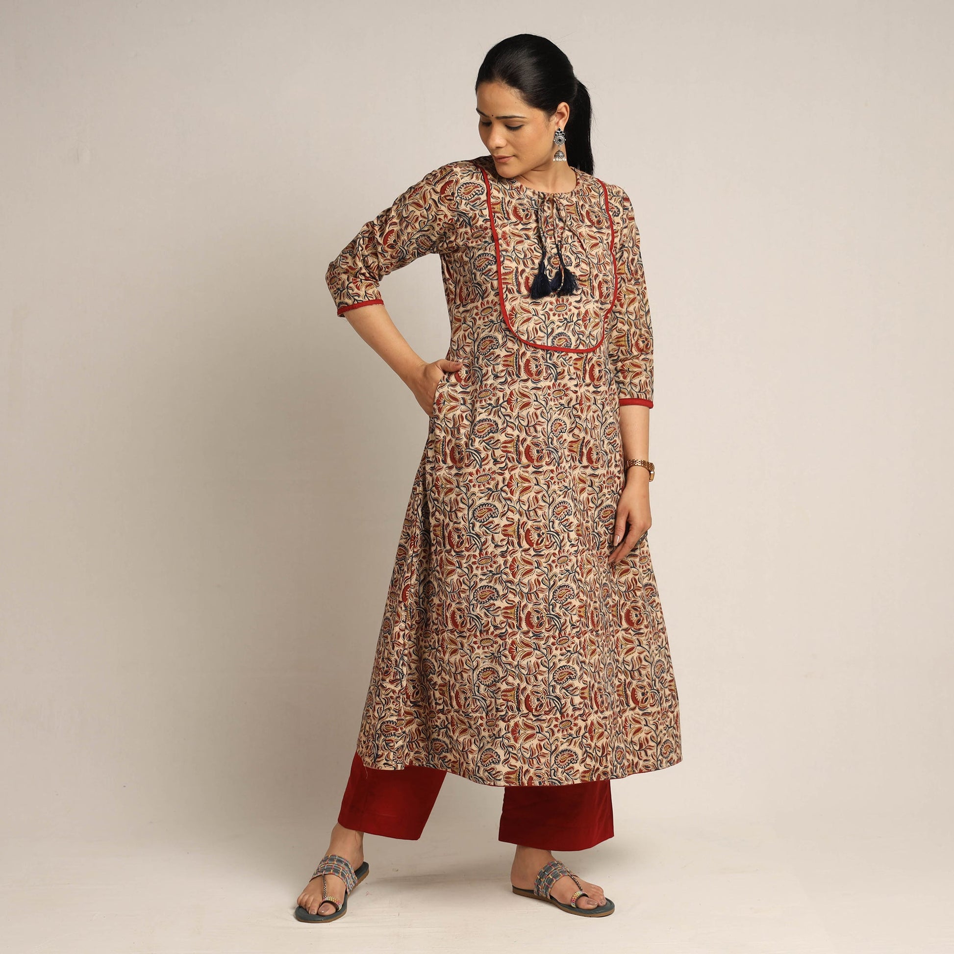 Beige - Pedana Kalamkari Block Printed Cotton Kurta with Palazzo Set
