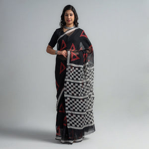 Black - Kota Doria Cotton Sanganeri Print Saree