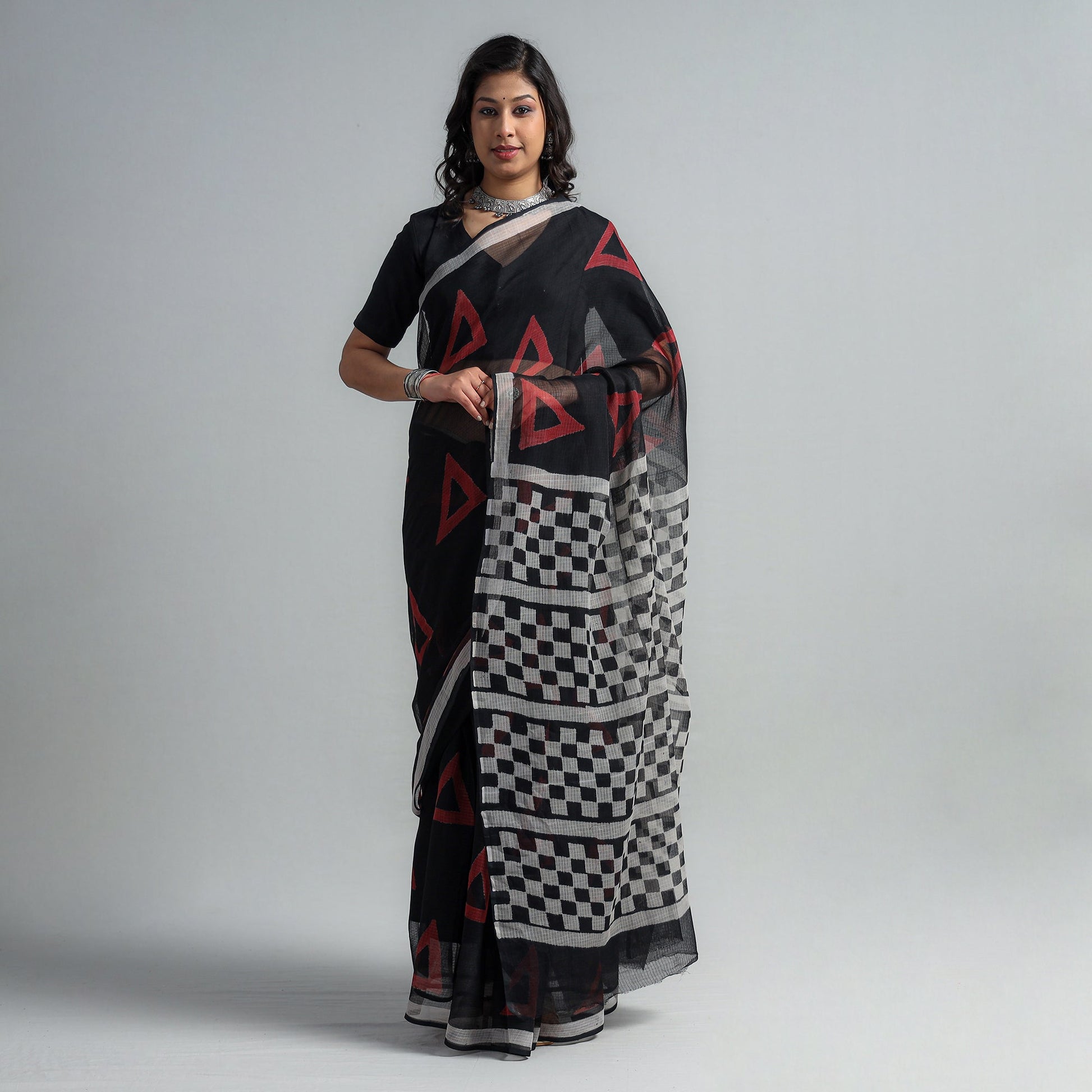 Black - Kota Doria Cotton Sanganeri Print Saree