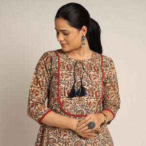 Beige - Pedana Kalamkari Block Printed Cotton Kurta with Palazzo Set