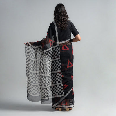Black - Kota Doria Cotton Sanganeri Print Saree