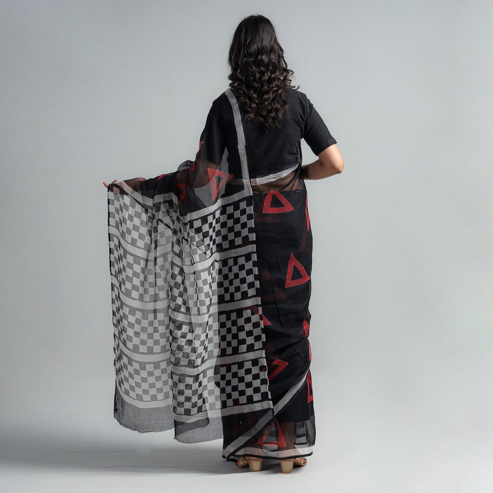 Black - Kota Doria Cotton Sanganeri Print Saree