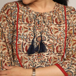 Beige - Pedana Kalamkari Block Printed Cotton Kurta with Palazzo Set