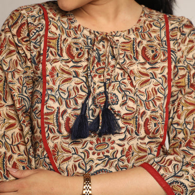 Beige - Pedana Kalamkari Block Printed Cotton Kurta with Palazzo Set