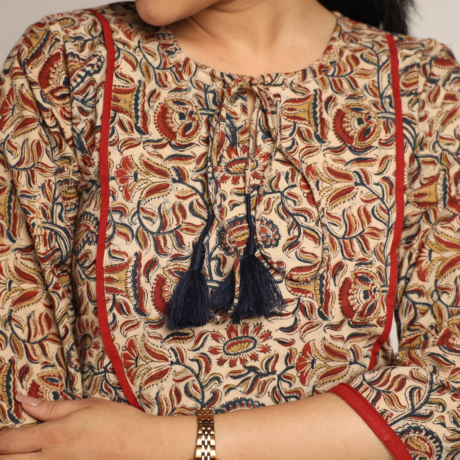 Beige - Pedana Kalamkari Block Printed Cotton Kurta with Palazzo Set
