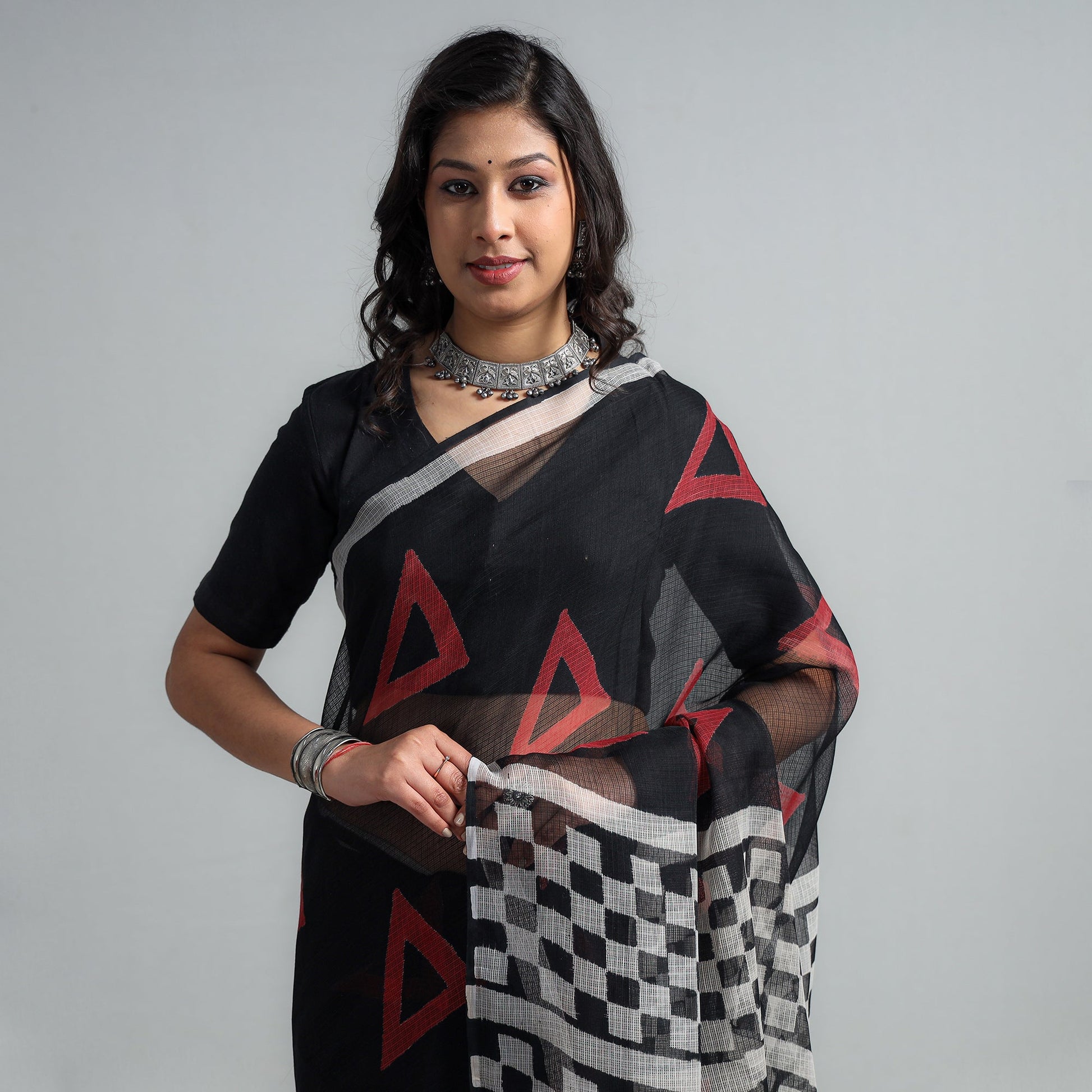Black - Kota Doria Cotton Sanganeri Print Saree