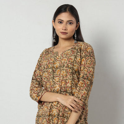 Brown - Kalamkari Block Printed Cotton Long Straight Kurta
