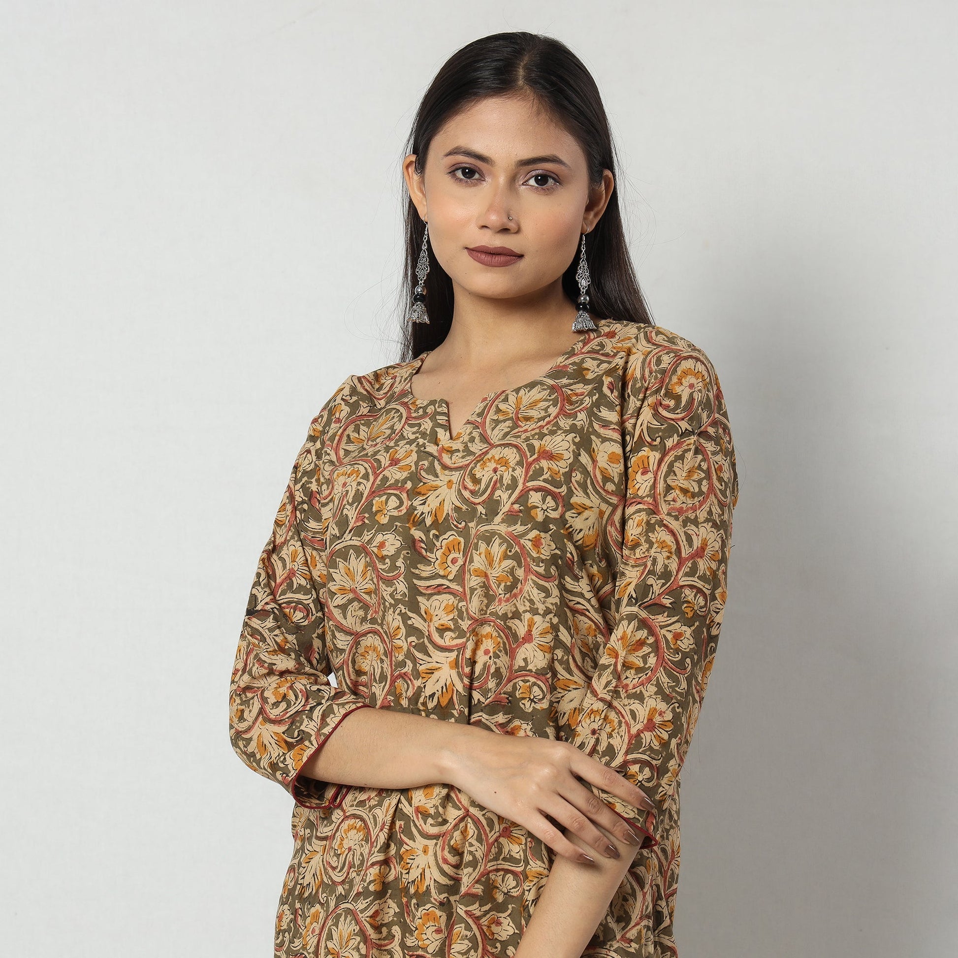 Brown - Kalamkari Block Printed Cotton Long Straight Kurta