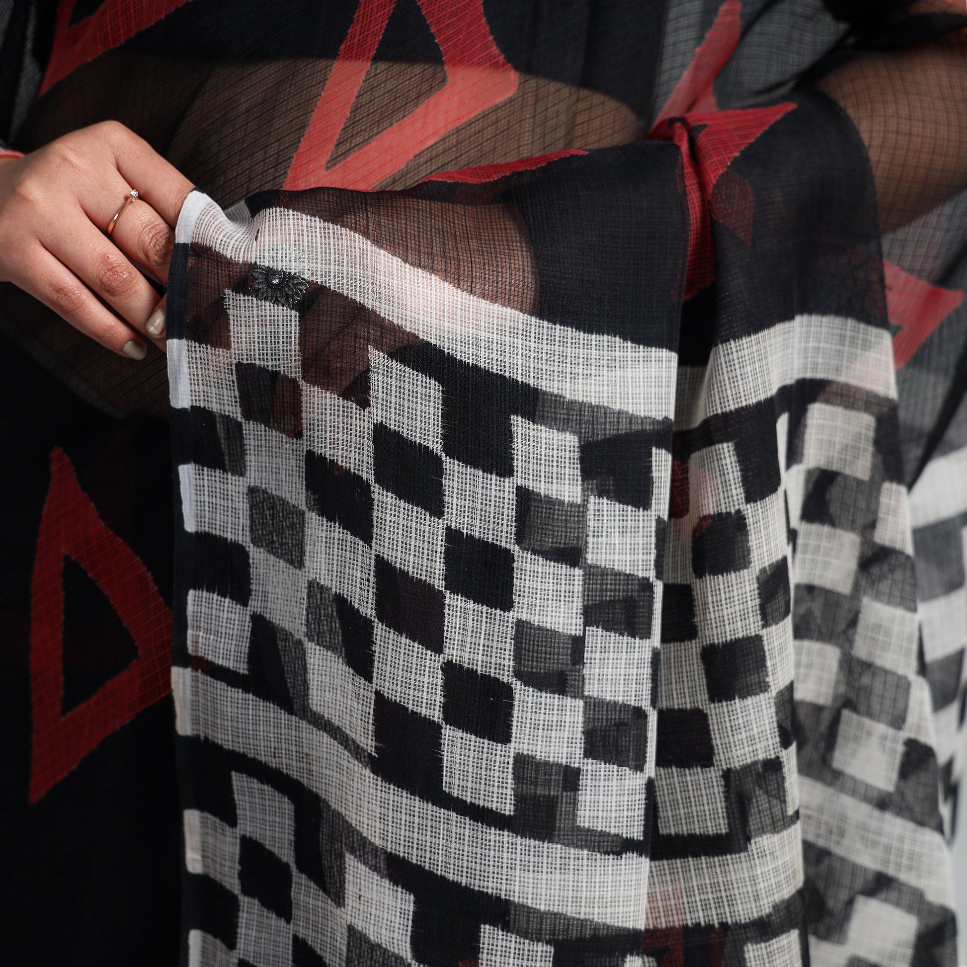 Black - Kota Doria Cotton Sanganeri Print Saree