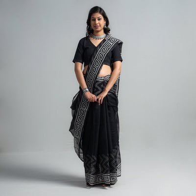 Black - Kota Doria Cotton Sanganeri Print Saree