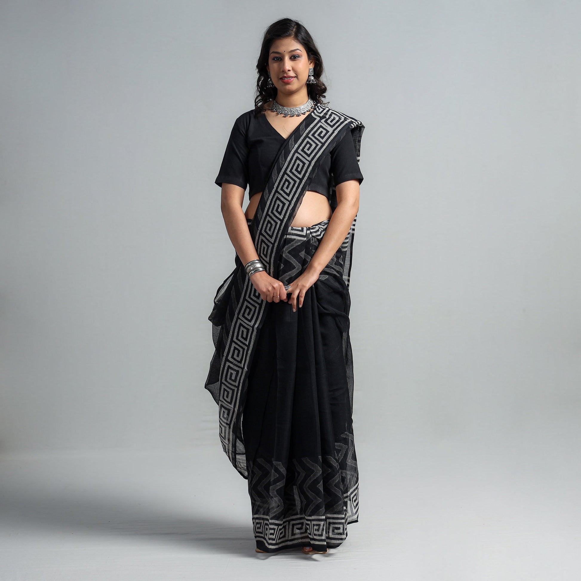 Black - Kota Doria Cotton Sanganeri Print Saree