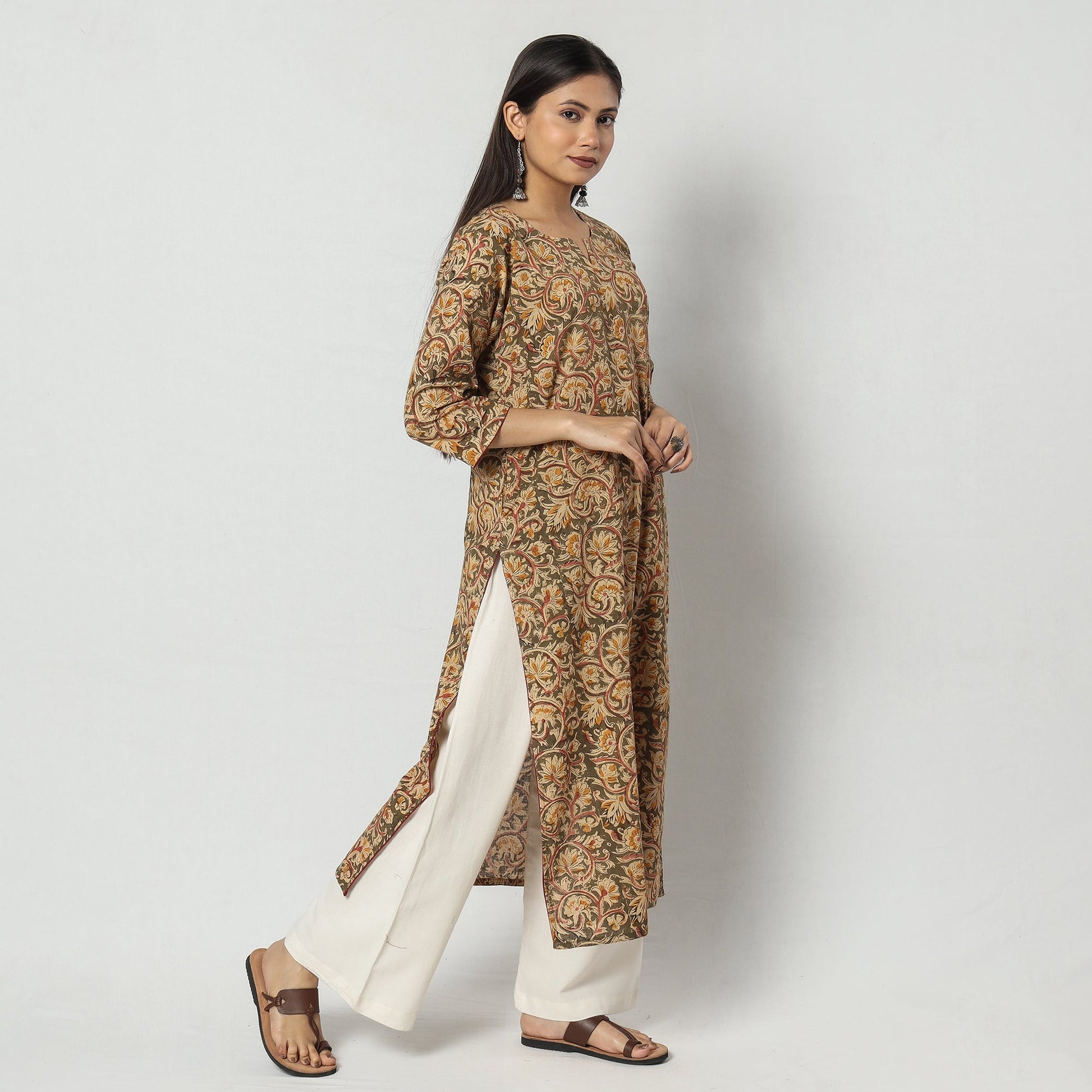 Brown - Kalamkari Block Printed Cotton Long Straight Kurta