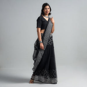 Black - Kota Doria Cotton Sanganeri Print Saree