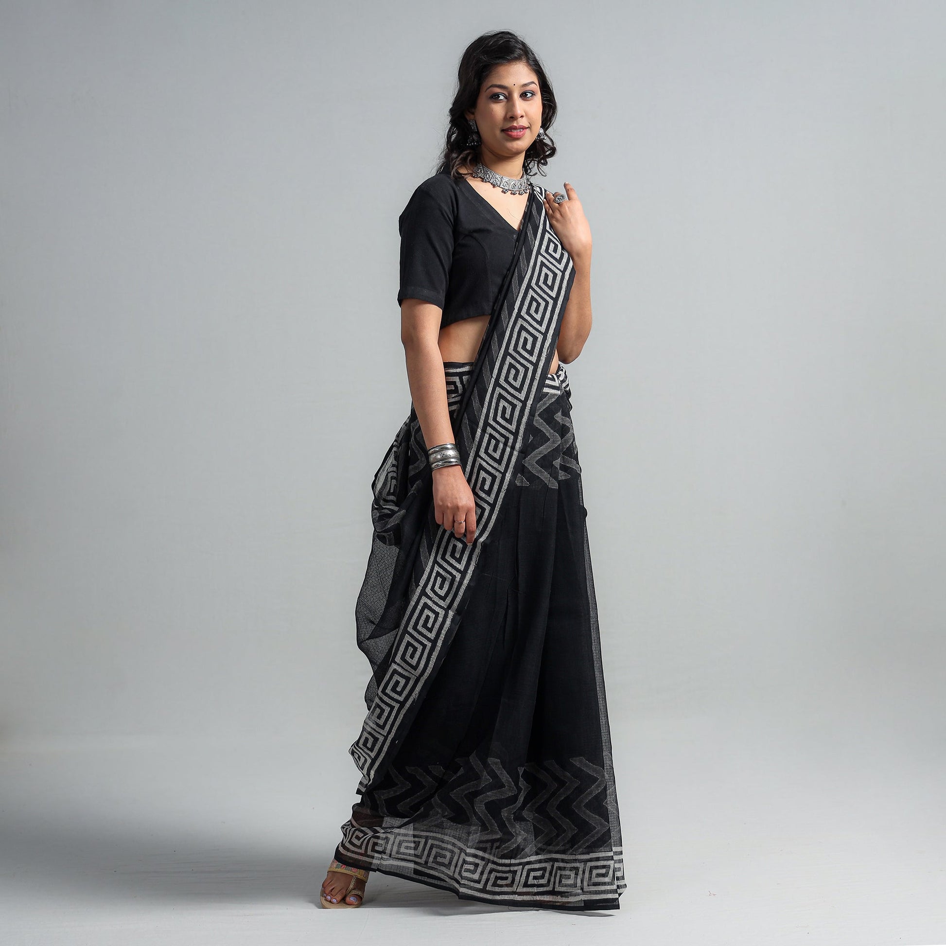 Black - Kota Doria Cotton Sanganeri Print Saree