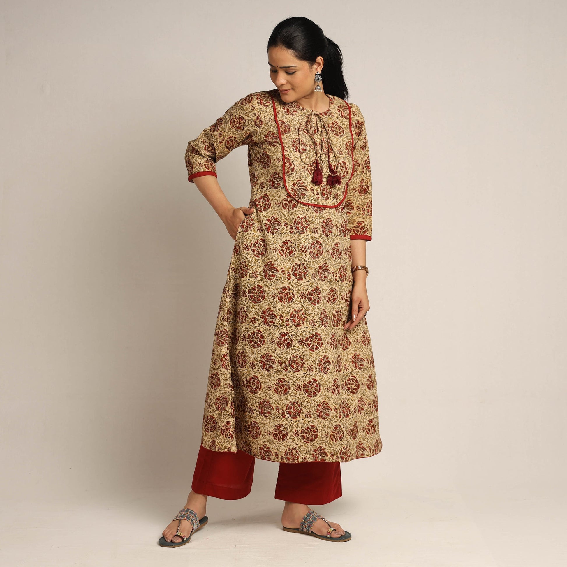 Brown - Pedana Kalamkari Block Printed Cotton Kurta with Palazzo Set