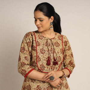 Brown - Pedana Kalamkari Block Printed Cotton Kurta with Palazzo Set