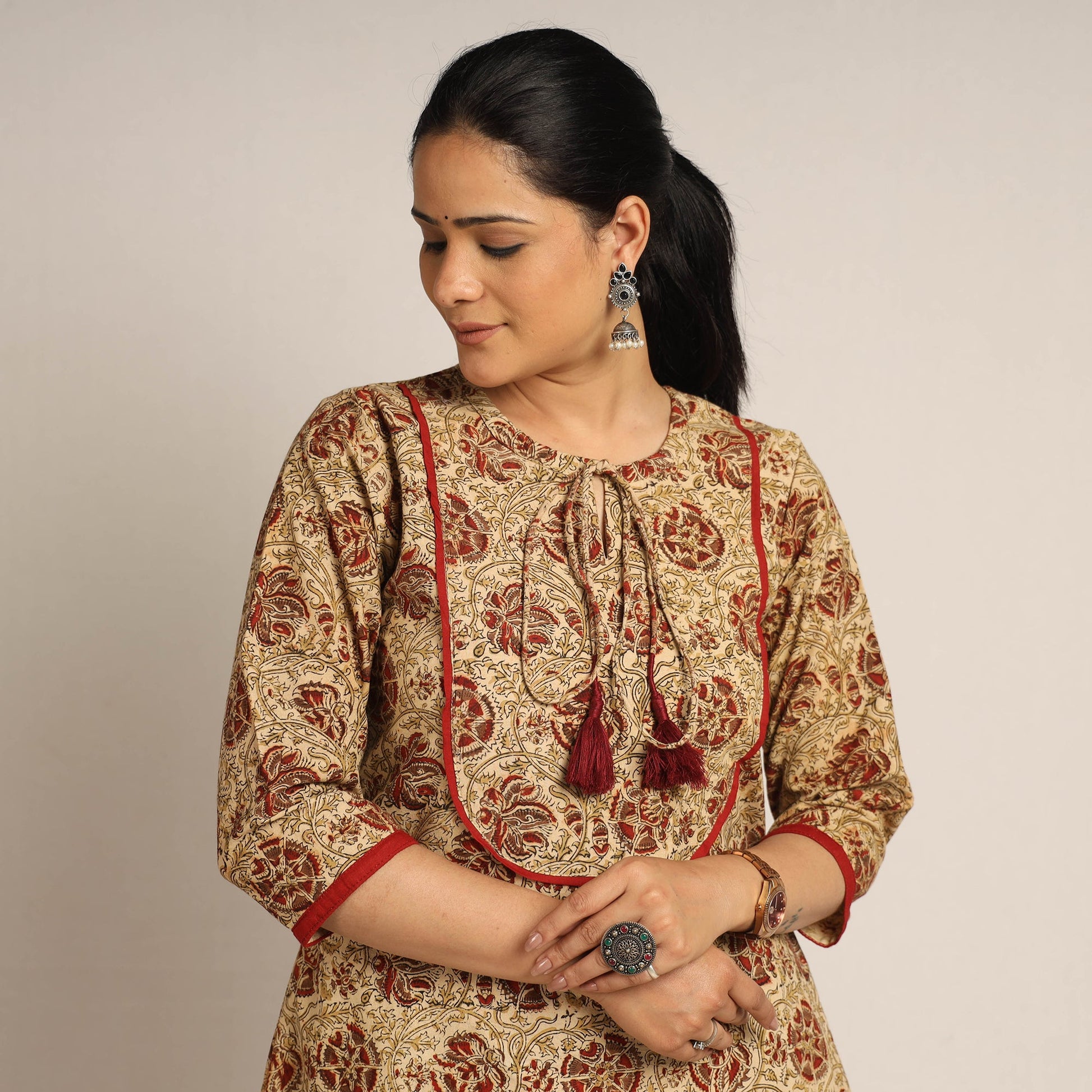 Brown - Pedana Kalamkari Block Printed Cotton Kurta with Palazzo Set