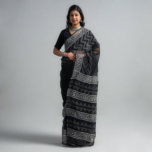 Black - Kota Doria Cotton Sanganeri Print Saree