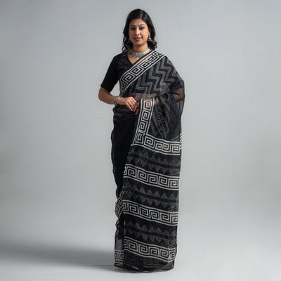 Black - Kota Doria Cotton Sanganeri Print Saree