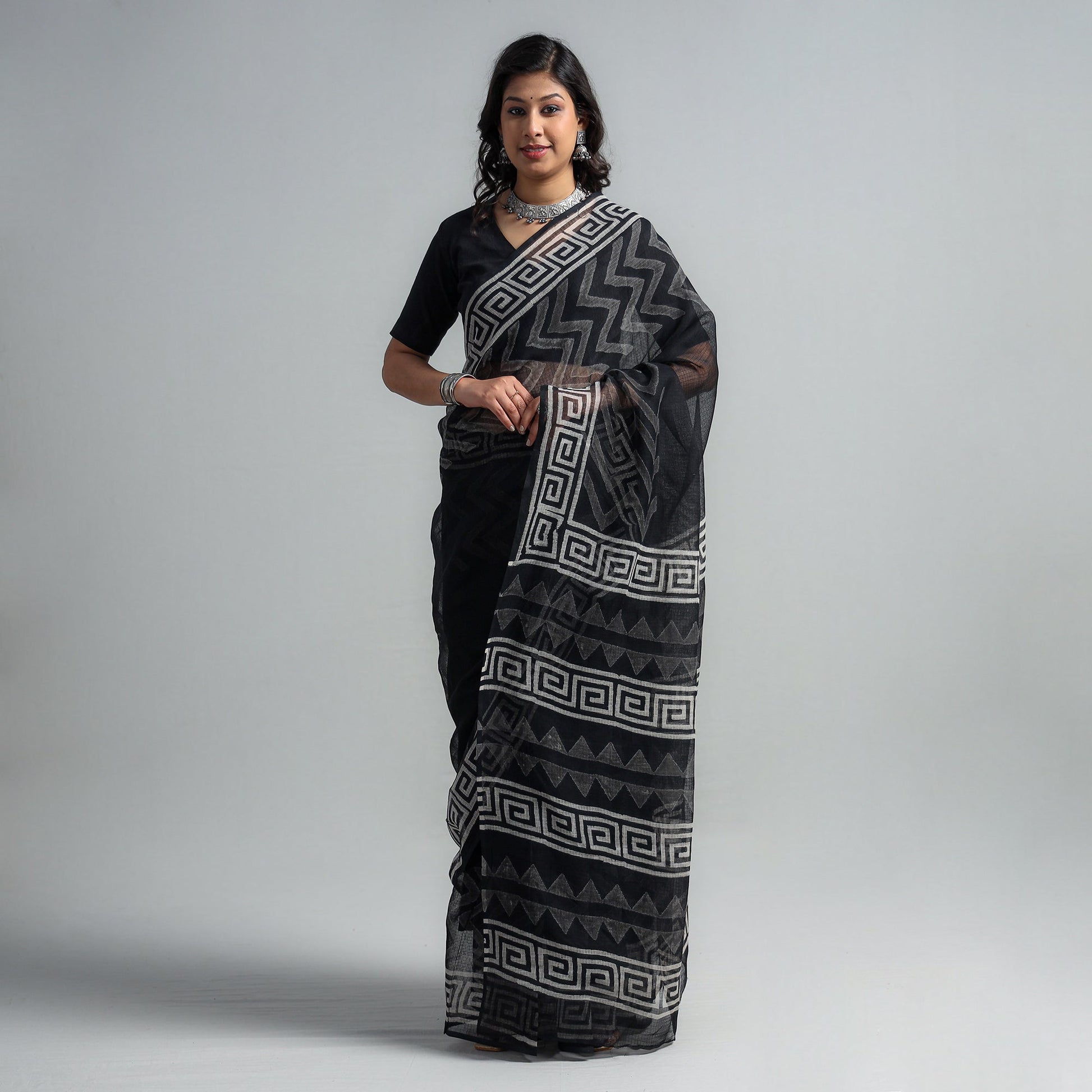 Black - Kota Doria Cotton Sanganeri Print Saree