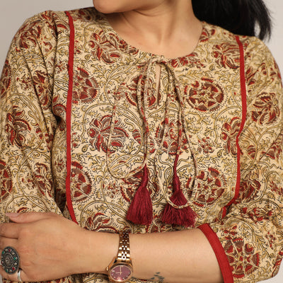 Brown - Pedana Kalamkari Block Printed Cotton Kurta with Palazzo Set