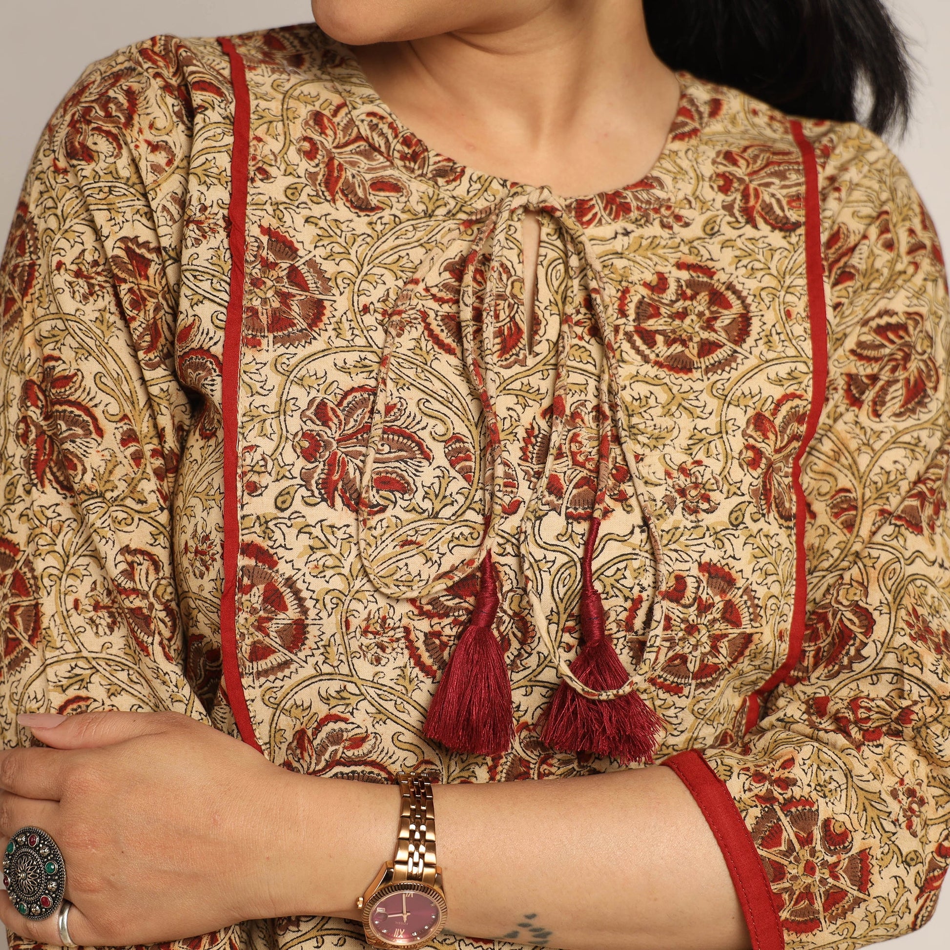 Brown - Pedana Kalamkari Block Printed Cotton Kurta with Palazzo Set