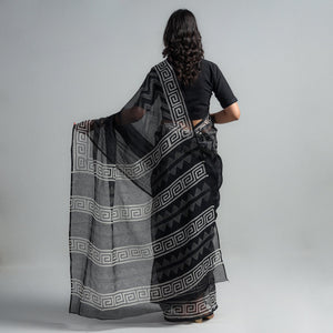 Black - Kota Doria Cotton Sanganeri Print Saree