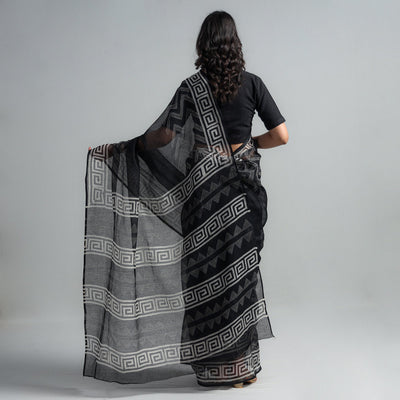 Black - Kota Doria Cotton Sanganeri Print Saree