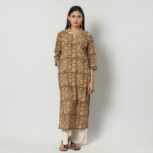Brown - Kalamkari Block Printed Cotton Long Straight Kurta