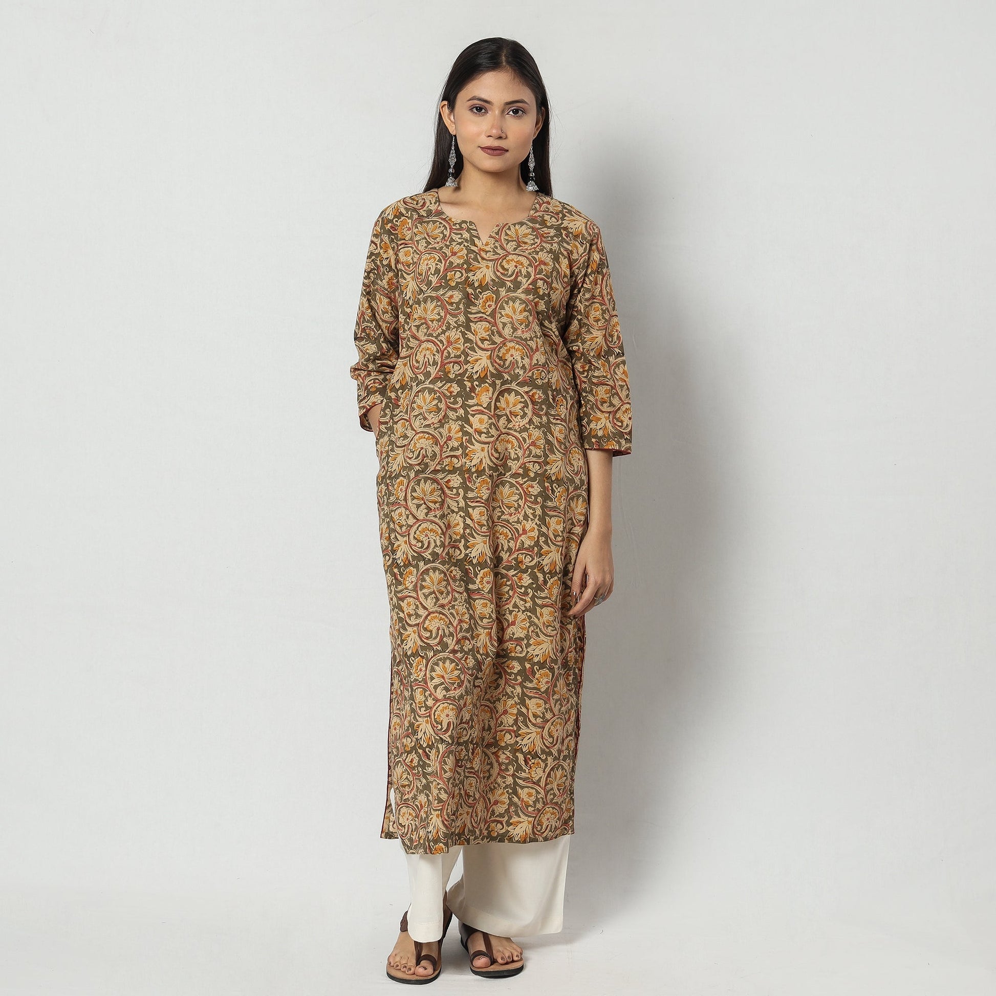 Brown - Kalamkari Block Printed Cotton Long Straight Kurta