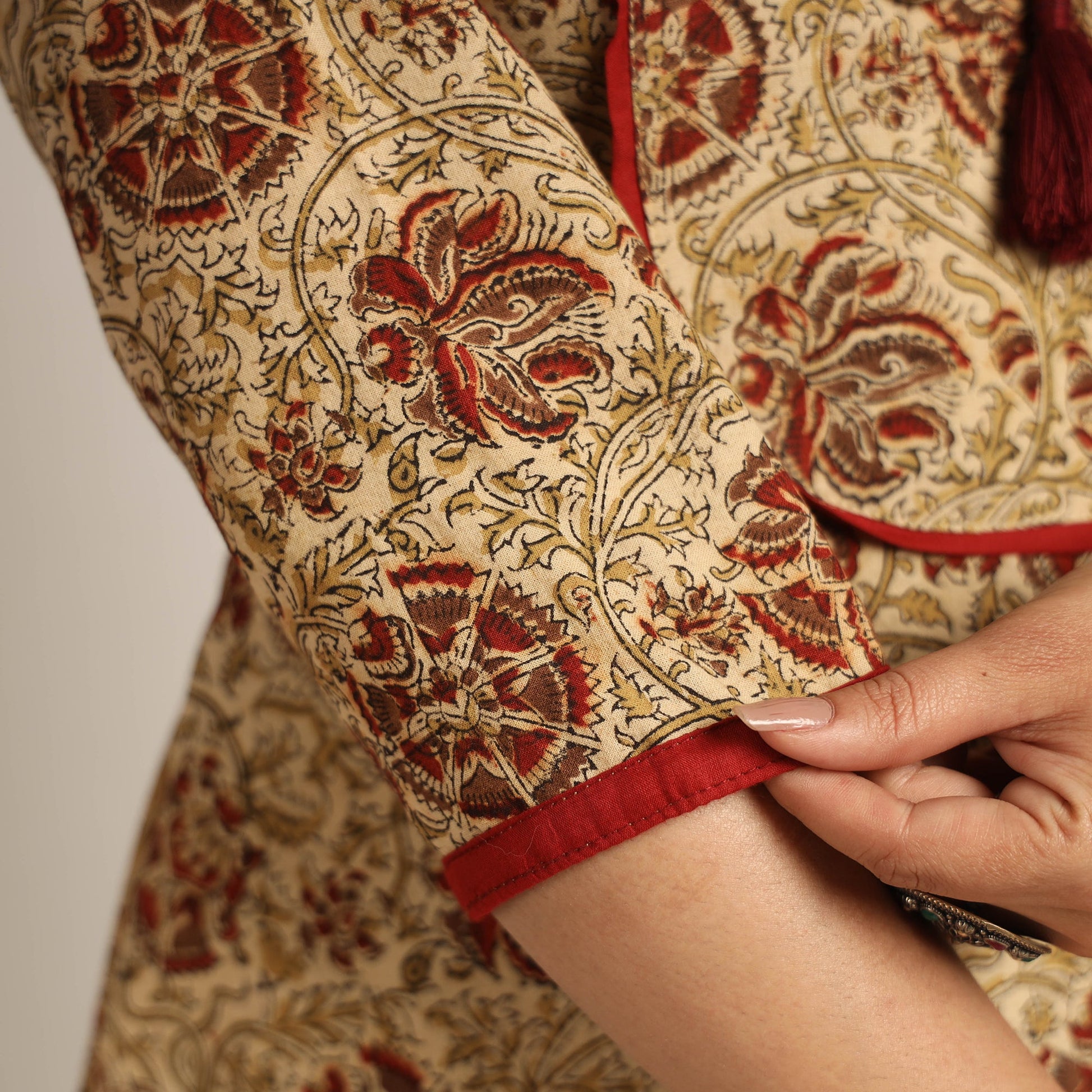Brown - Pedana Kalamkari Block Printed Cotton Kurta with Palazzo Set