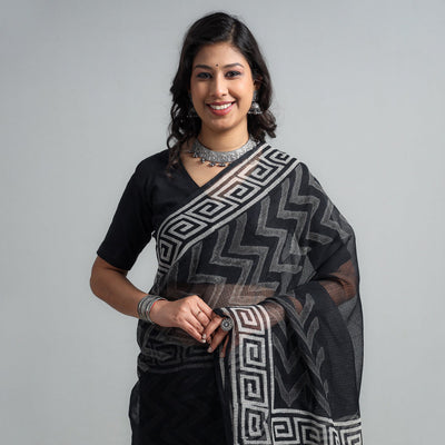 Black - Kota Doria Cotton Sanganeri Print Saree