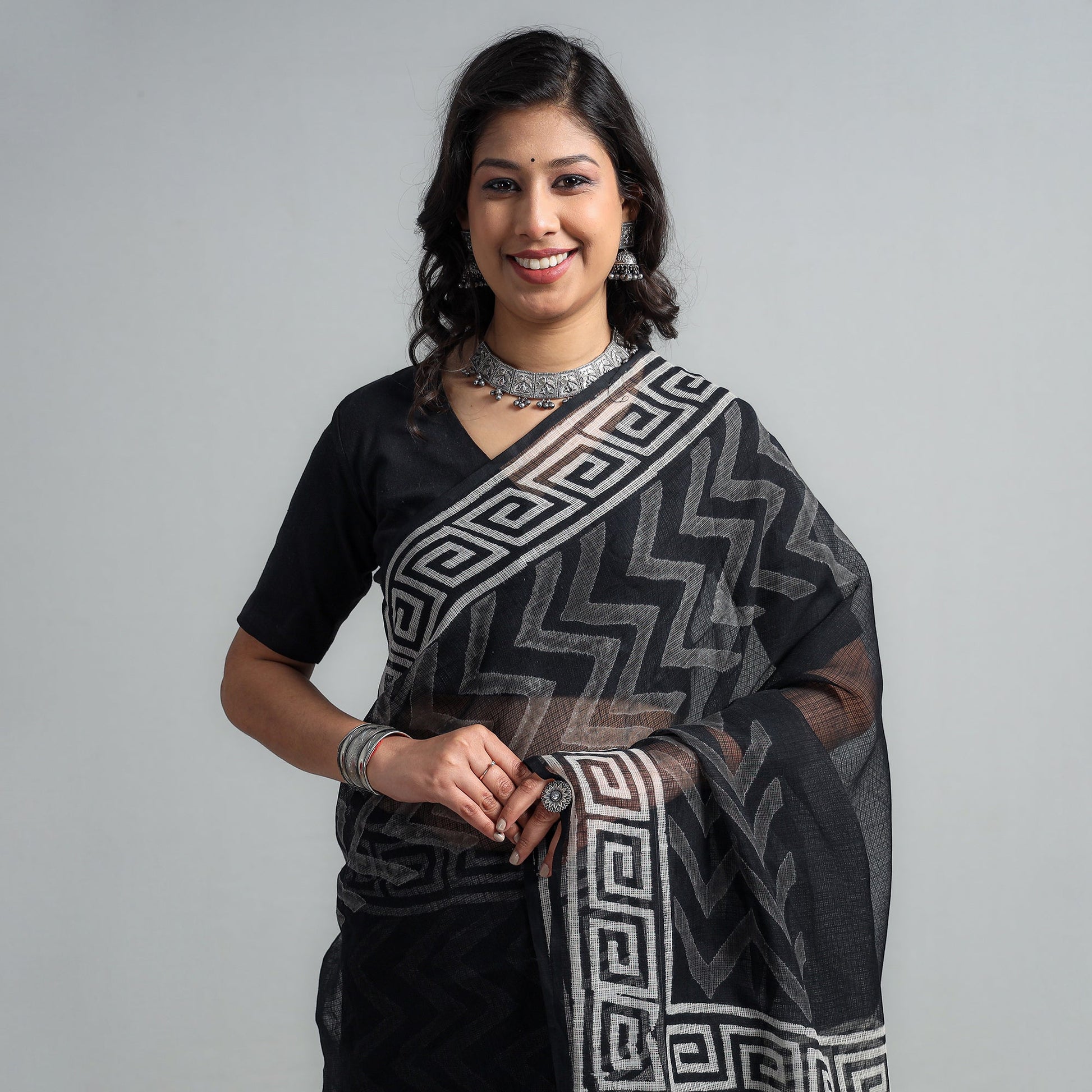 Black - Kota Doria Cotton Sanganeri Print Saree
