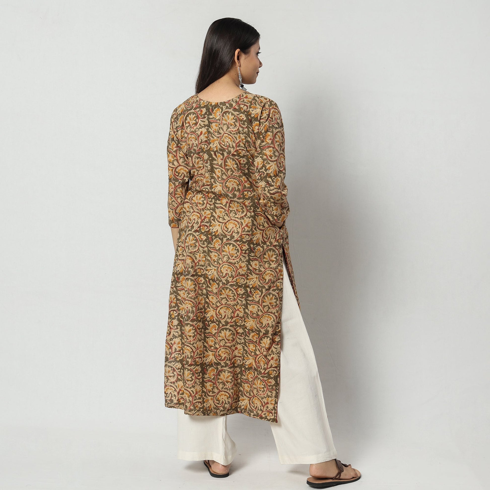 Brown - Kalamkari Block Printed Cotton Long Straight Kurta