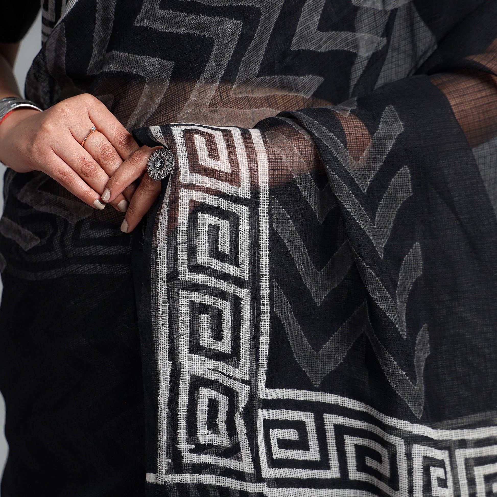Black - Kota Doria Cotton Sanganeri Print Saree