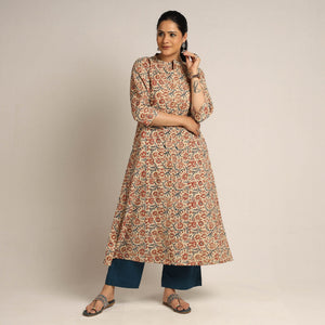 Beige - Pedana Kalamkari Block Printed Cotton Kurta with Palazzo Set