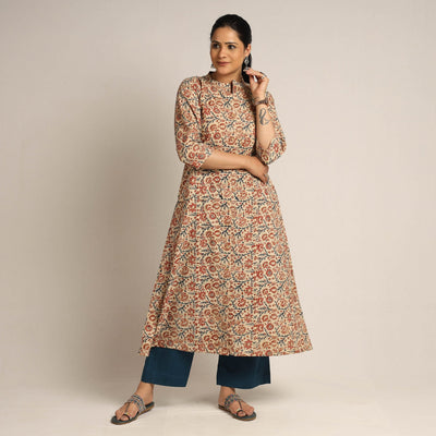 Beige - Pedana Kalamkari Block Printed Cotton Kurta with Palazzo Set