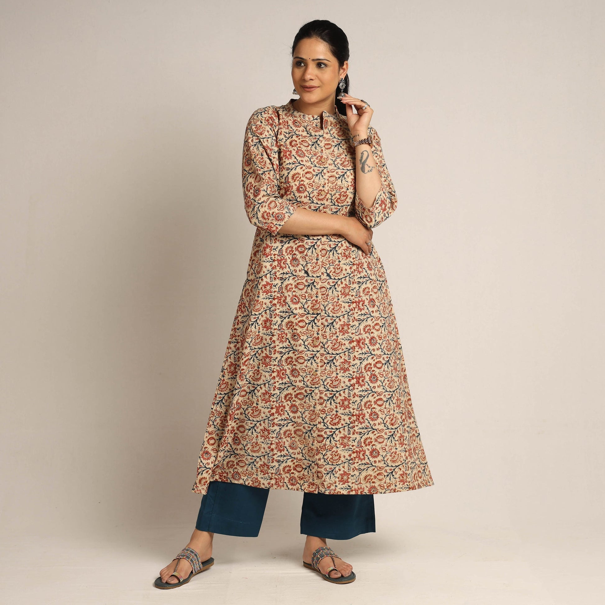 Beige - Pedana Kalamkari Block Printed Cotton Kurta with Palazzo Set
