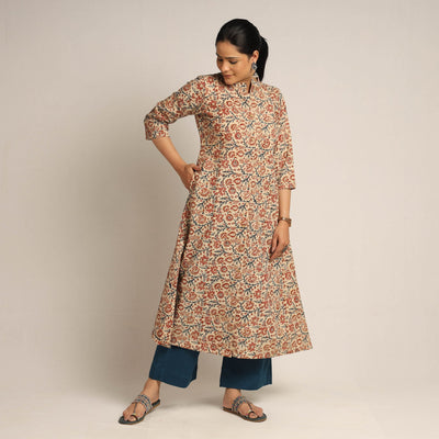 Beige - Pedana Kalamkari Block Printed Cotton Kurta with Palazzo Set