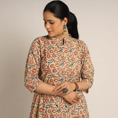 Beige - Pedana Kalamkari Block Printed Cotton Kurta with Palazzo Set