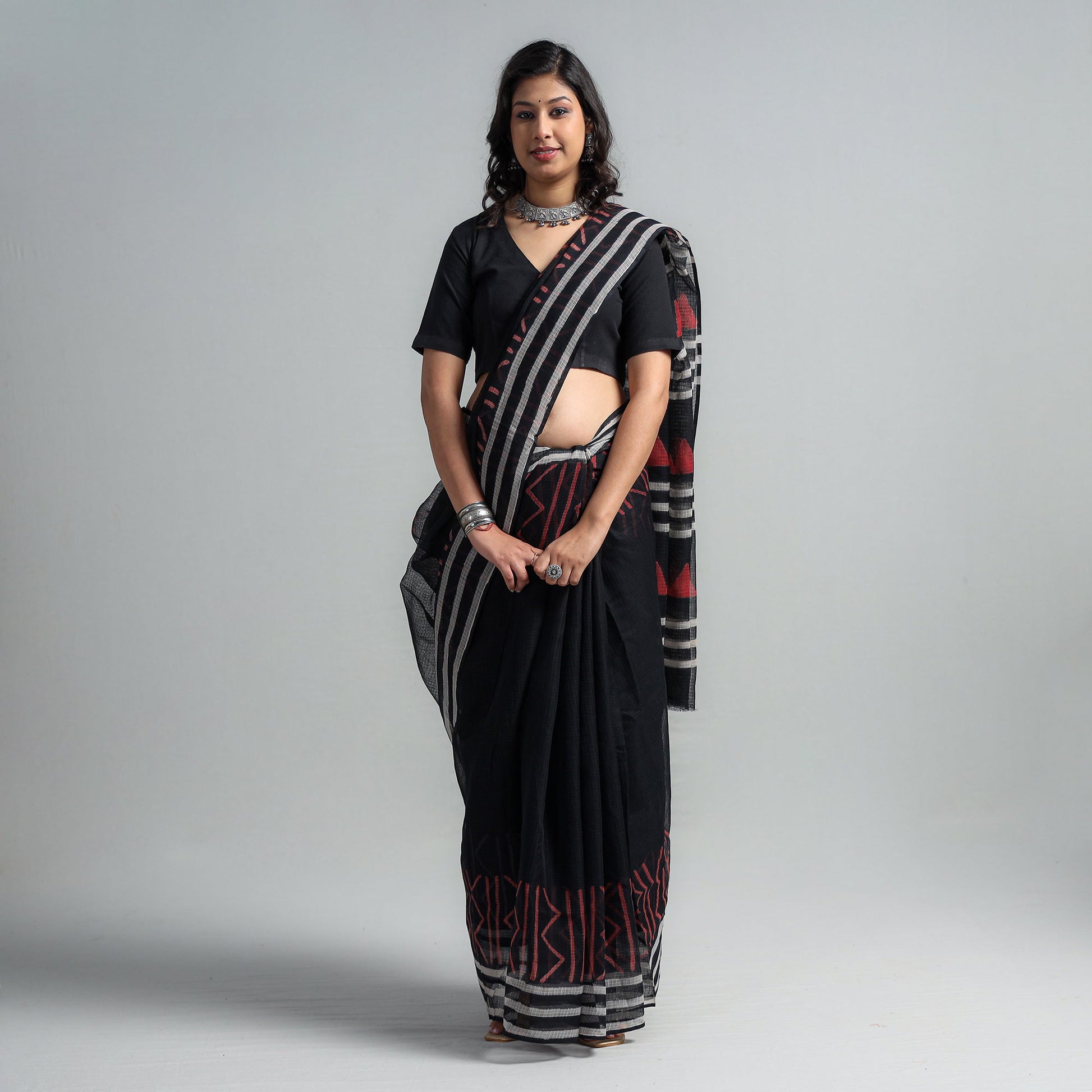 Black - Kota Doria Cotton Sanganeri Print Saree