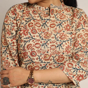 Beige - Pedana Kalamkari Block Printed Cotton Kurta with Palazzo Set